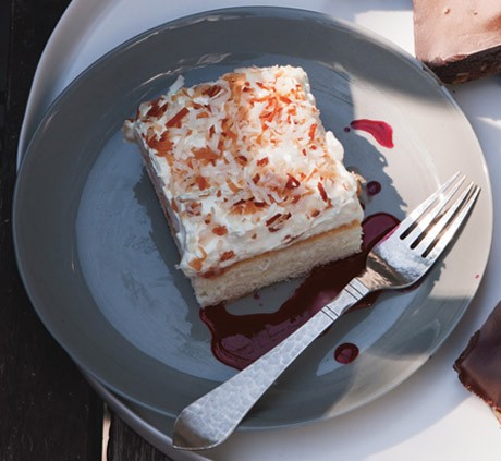 Coconut sheet cake with hibiscus sauce