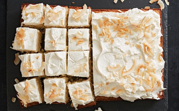 Coconut sheet cake with toasted coconut buttercream