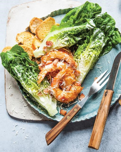 Coconut shrimp Caesar salad