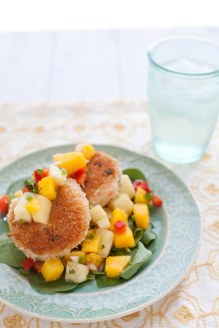 Coconut shrimp cakes with mango pineapple salsa