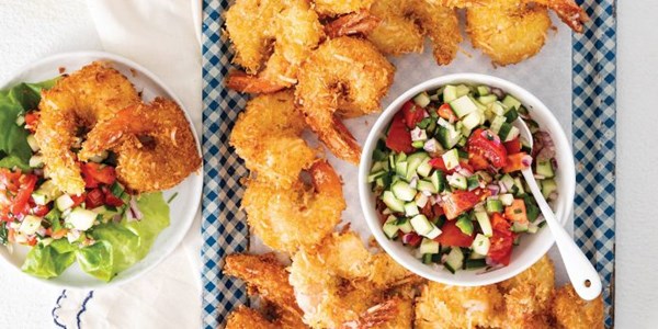 Coconut shrimp with cucumber chopped salad