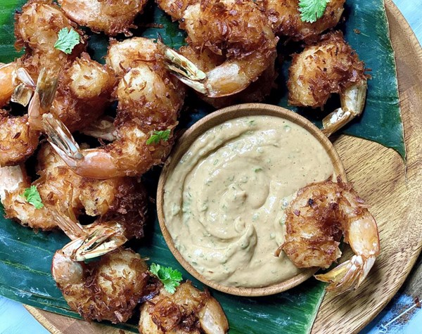 Coconut shrimp with peanut sauce