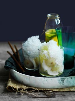 Coconut snow cones with young coconut and pineapple-ginger syrup