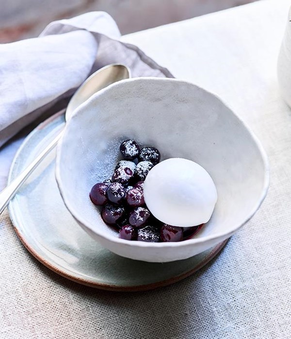 Coconut sorbet, blueberries and rosemary