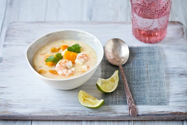 Coconut soup with red kuri squash and shrimp