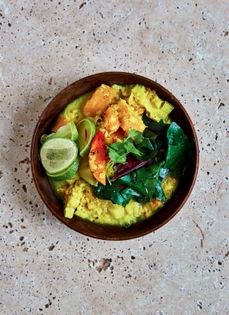 Coconut, squash, lentil and leek curry with rainbow chard