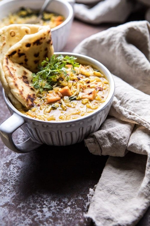 Coconut sweet potato lentil soup with rice