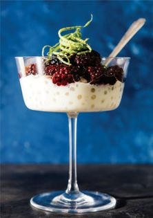 Coconut tapioca pudding w/ roasted mulberries + lime