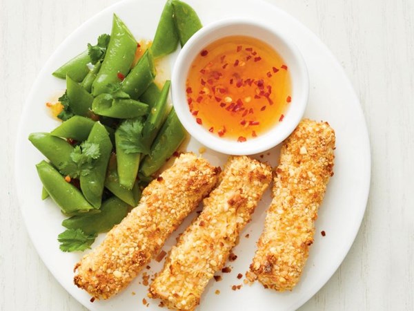 Coconut tofu sticks with snap pea salad 