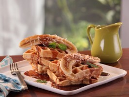Coconut waffles with chocolate maple syrup and banana