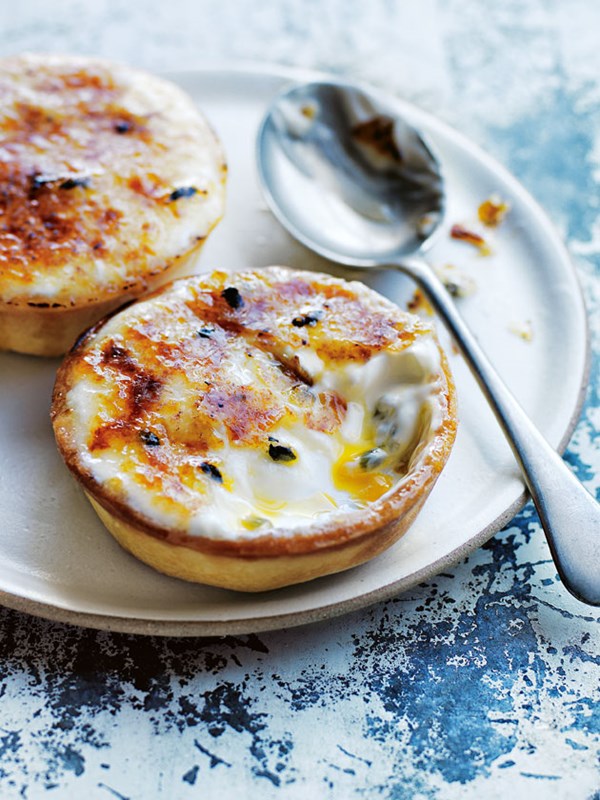 Coconut yoghurt and passionfruit brûlée tarts
