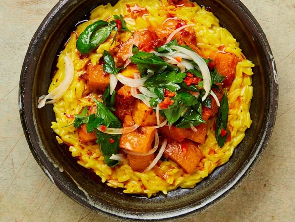 Coconutty saffron orzo with roasted squash