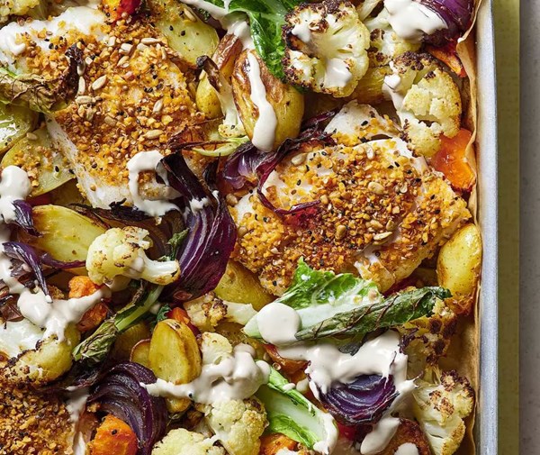 Cod & cauliflower traybake with dukkah