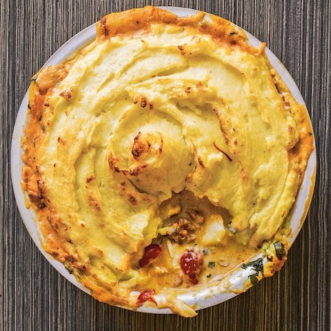 Cod and chorizo pie with saffron mash