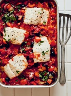 Cod and red pepper traybake