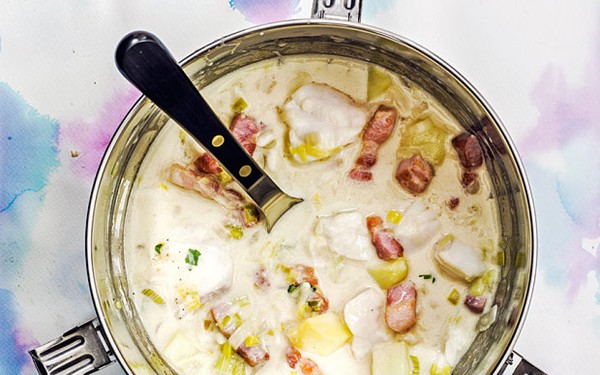 Cod, bacon and cheddar chowder