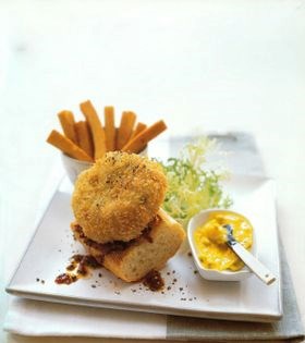 Cod burger bocadillo with tomato and olive pesto, caper-saffron mayo