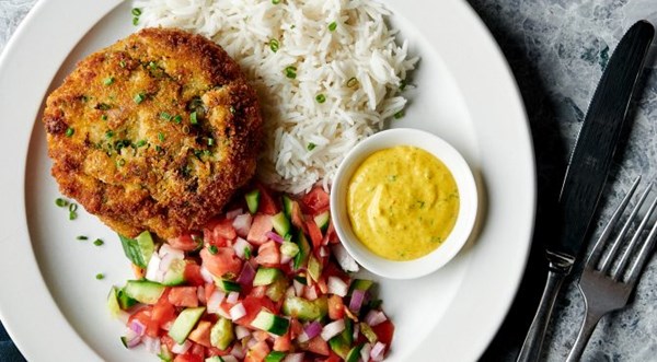 Cod cake with amba sauce and Israeli salad [Brad Mahlof]