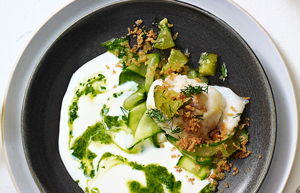 Cod cheeks, pickled cucumber and kefir