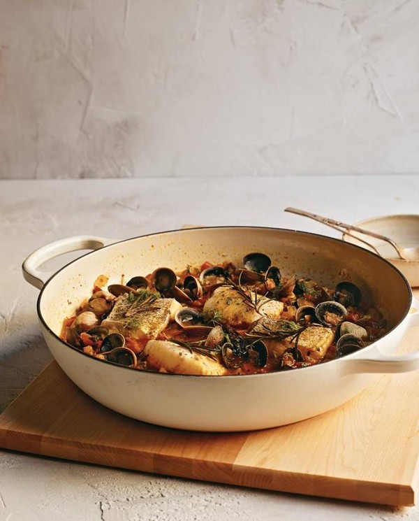 Cod, cockles, and linguiça stew