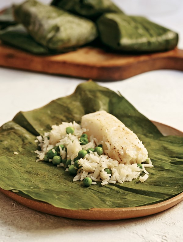 Cod en papillote with coconut basmati pilaf