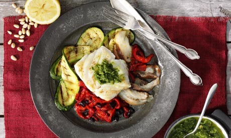 Cod fillet with Romano peppers, grilled courgettes and baked aubergine