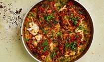Cod in pepper and pumpkin seed salsa