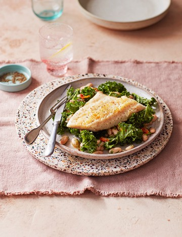 Cod, kale and marinated beans