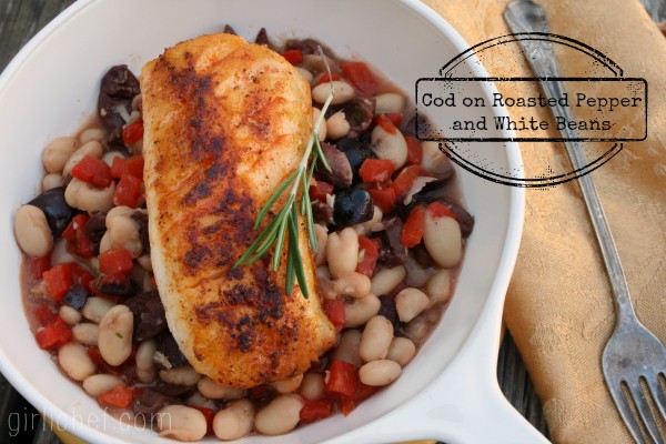 Cod on roasted pepper and white beans
