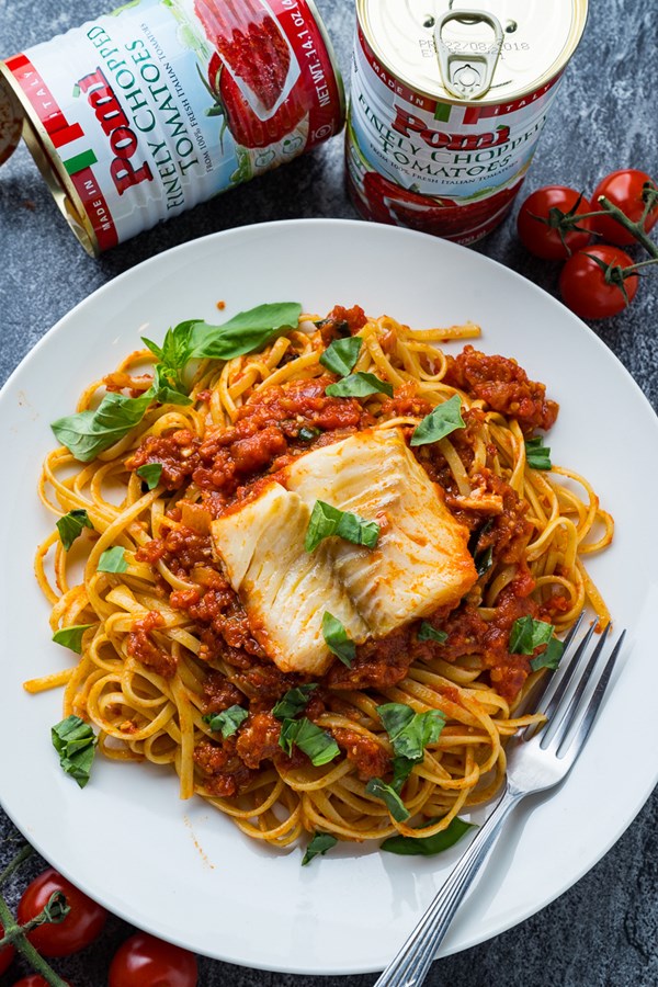 Cod poached in arrabbiata sauce