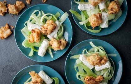 Cod popcorn with cucumber and potato salad