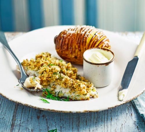 Cod with an orange & dill crumb and Hasselback potato