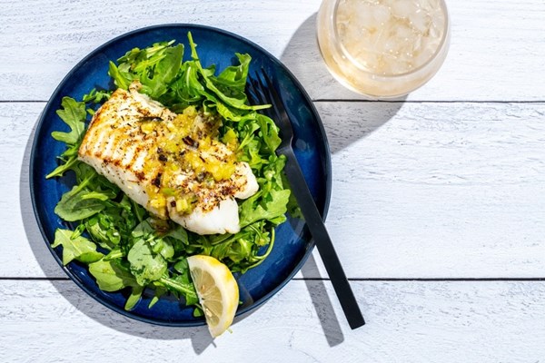 Cod with arugula and charred scallion vinaigrette
