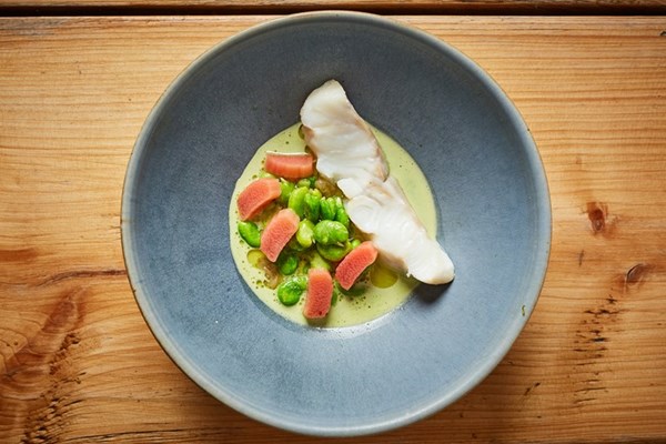  Cod with broad beans, rhubarb and lemon verbena sauce