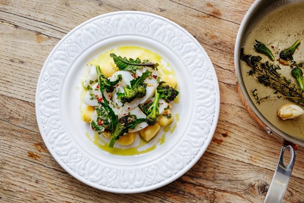 Cod with chilli dressing, gnocchi and broccoli