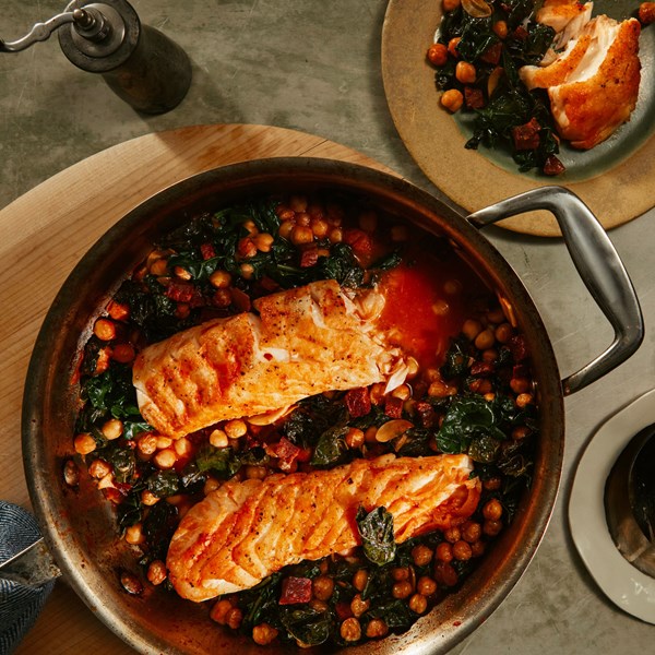 Cod with chorizo, greens, and chickpeas
