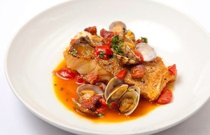 Cod with clams and chorizo
