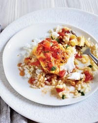 Cod with fresh tomato sauce and Arborio rice