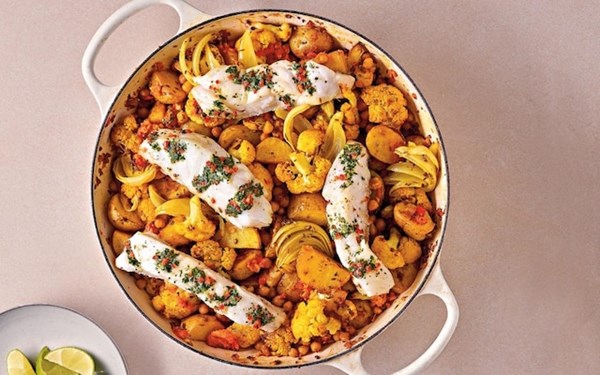 Cod with Indian-spiced vegetables and lime-coriander butter