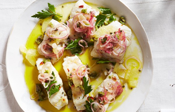 Cod with lemons, green olive, and onion relish