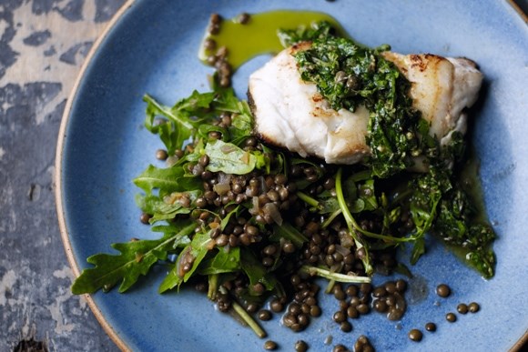 Cod with lentils, rocket and salsa verde