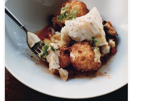 Cod with mussels, chorizo, fried croutons, and saffron mayonnaise