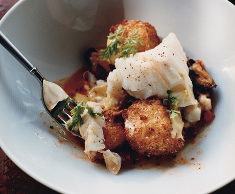 Cod with mussels, chorizo, fried croutons, and saffron mayonnaise