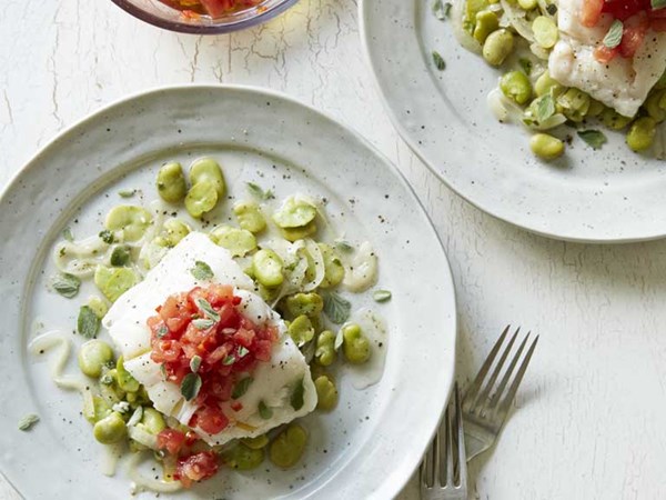 Cod with oregano-braised broad beans and a spicy salsa