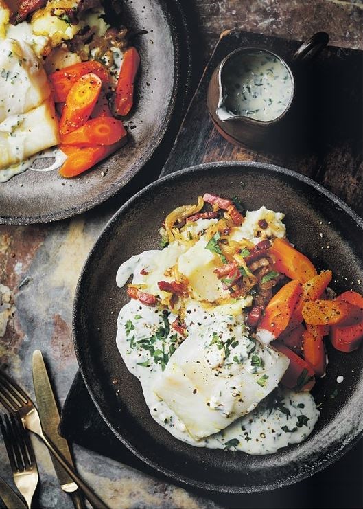 Cod with parsley sauce & buttery carrots
