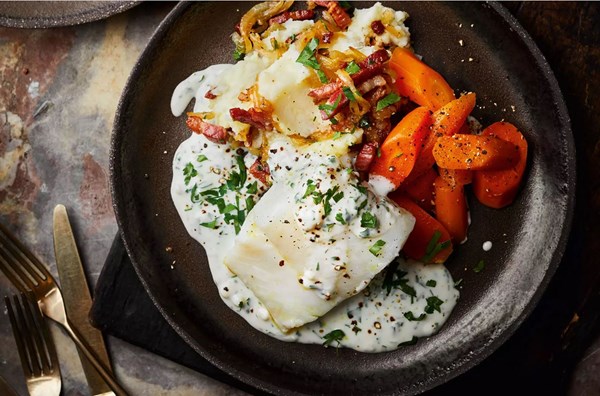 Cod with parsley sauce & buttery carrots