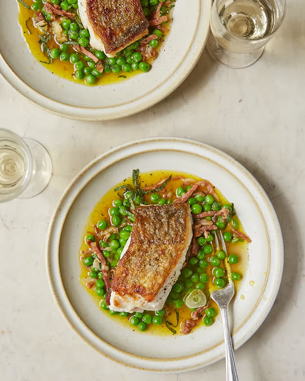 Cod with peas, mint, fino and jamón