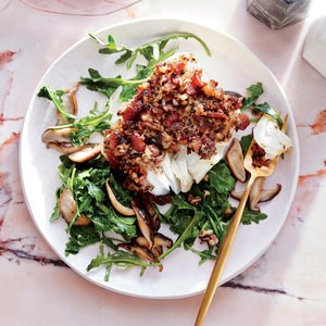 Cod with shiitake-bacon crust and arugula salad