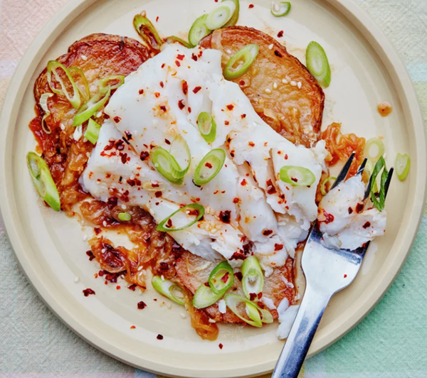 Cod with soy-caramelized onions and potatoes