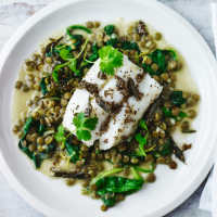 Cod with spinach and green lentil dhal